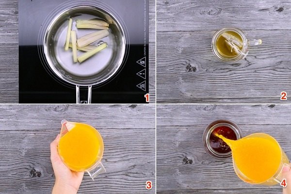 Cách pha chế: Bước 1:  Cam vàng mua về bạn cắt đôi quả cam vắt lấy 20 ml nước cốt dùng cho pha chế, còn lại thì cắt múi cau để trang trí. Trà túi lọc ngâm trong 1 ly nước nóng khoảng 3 phút Sả lặt bỏ phần lá héo, cắt gốc, đập dập rồi cho vào nồi nấu lấy nước, để lại 1 cây trang trí. Bước 2: Chuẩn bị một chiếc bình lắc rồi cho: 60 ml trà Earl grey, nước sả, 20 ml nước cam, 10 ml nước đường, 10 ml nước cốt chanh, 20 ml syrup đào, đá viên, đậy nắp rồi lắc đều. Bước 3: Rót trà đào cam sả ra ly, cho thêm vài miếng đào ngâm cùng lát cam vàng, cọng sả lên trên để trang trí. Vì sử dụng cam vàng nên thành phẩm không bị đắng, kết hợp cùng tinh dầu thong thoảng từ sả, hương vị hòa quyện với nhau khiến thức uống có độ hấp dẫn rất đặc biệt. 