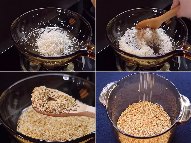 Sữa gạo rang Hàn Quốc được biết đến là thức uống ít calo, không chứa cholesterol, nhưng lại bổ sung cho bạn các chất dinh dưỡng cần thiết như vitamin và khoáng chất. Công thức cách làm sữa gạo của xứ sở kim chi này sẽ cho ra những cốc sữa thơm phức và bổ dưỡng. Được coi là thức uống tốt cho cơ thể và làn da được chị em ưa chuộng làm đẹp hữu hiệu, công dụng của chúng không chỉ có vậy mà còn là một thức uống dinh dưỡng, có lợi cho cơ thể. Cách làm món này cực đơn giản, không cần sử dụng đến máy xay, không có những thao tác quá cầu kì. Nguyên liệu nấu sữa gạo rang: 50 g gạo nếp 50 g gạo tẻ 500 ml sữa tươi không đường 500 ml nước 100 ml sữa đặc Dụng cụ nấu: Chảo, nồi, rổ, rây Hướng dẫn nấu sữa gạo rang: Bước 1: Vo gạo Trộn 2 loại gạo vào với nhau, vo sạch, để ráo nước Bước 2: Rang gạo Rang gạo với lửa nhỏ cho đến khi gạo vàng đều và dậy mùi thơm. Bước 3: Ngâm gạo Cho 500 ml nước đun sôi vào nồi đựng gạo, thêm 500 ml sữa tươi, khuấy đều rồi ngâm trong vòng 15 phút. Bước 4: Đun sữa gạo Sau khi ngâm, đun sôi hỗn hợp sữa, nước và gạo, đun nhỏ lửa và khuấy đều thêm 5 phút nữa. Cho sữa đặc và đường vào khuấy tan rồi tắt bếp. Bước 5: Lọc sữa gạo Lọc sữa qua rây vào một tô hoặc âu. Bước 6: Hoàn thành Uống nóng hoặc lạnh tùy theo sở thích. Nutrition: Khẩu phần: 200ml Calories: 50kcal Chi Tiết Cách Làm Sữa Gạo Hàn Quốc Bước 1: Vo gạo Đầu tiên, bạn trộn 2 loại gạo vào với nhau, vo sạch và để ráo nước. Bước này giúp làm sạch bụi bẩn trong gạo. Công thức sữa gạo này sử dụng một nửa gạo tẻ và một nửa gạo nếp cho ra thành phẩm thơm hơn là chỉ dùng gạo tẻ. Bạn cũng có thể thêm hay thay thế bằng gạo lứt để tăng giá trị dinh dưỡng cho món sữa gạo. Bước 2: Rang gạo Bạn bắc chảo lên bếp, rang gạo với lửa nhỏ cho đến khi gạo vàng đều và dậy mùi thơm. Khi rang bạn phải luôn đảo đều tay để gạo không bị cháy khét và được vàng đều. Bạn nên dùng đũa hoặc muỗng gỗ để đảo vì việc sử dụng dụng cụ bằng gỗ được cho là sẽ giúp gạo ngon hơn. Đồng thời, gỗ là nguyên liệu tự nhiên nên cũng tốt cho môi trường. Bước 3: Ngâm gạo Bạn đun sôi 500 ml nước trong một cái nồi rồi tắt bếp. Sau đó, bạn đổ gạo vừa rang thơm vào. Bạn thêm tiếp 500 ml sữa tươi, khuấy đều và ngâm trong vòng 15 phút. Bước này sẽ giúp gạo ra hết mùi thơm và hòa quyện vào sữa, kích hoạt vị thơm ngọt tự nhiên từ gạo. Bước 4: Nấu sữa gạo Sau khi ngâm đủ 15 phút, bạn bắc nồi hỗn hợp nước, sữa và gạo lên bếp và đun sôi. Khi sữa sôi thì bạn cho nhỏ lửa và đun thêm khoảng 10 phút rồi tắt bếp. Bạn chú ý khuấy đều khi đun để gạo không bị cháy ở đáy nồi làm sữa bị khê. Bạn có thể ăn thử gạo thấy mềm là được. Tiếp đó, bạn cho sữa đặc vào và khuấy tan rồi tắt bếp. Trong công thức cách làm sữa gào này chúng mình chỉ dùng sữa đặc mà không dùng thêm đường vì sữa đặc đã có đường và làm cho món sữa gạo đủ ngọt. Nếu bạn muốn uống ngọt hơn có thể thêm đường lúc này hoặc khi uống để cho phù hợp với khẩu vị. Đặc biệt, nếu bạn muốn giảm cân thì không nên cho đường và sữa đặc nhé. Khi không cho thêm các chất ngọt này, sữa gạo của ban sẽ chỉ có vị ngọt thơm mát từ gạo và sữa. Bước 5: Lọc sữa Để hoàn thành cách làm sữa gạo, bạn lấy một chiếc tô to hoặc thau nhỏ, để rây vào miệng tô và đổ phần hỗn hợp sữa và gạo đã đun để lọc lấy sữa. Các bạn có thắc mắc phần gạo còn lại làm gì không? Phần gạo đã chín thành cơm có thể ăn luôn. Cơm nấu từ sữa rất thơm, nhưng có thể có cảm giác hơi nát. Nếu bạn không thích ăn như vậy thì hãy chế thêm nước, chút xíu muối và nấu thành cháo. Món cháo này cực kỳ thơm ngon luôn! Cách Làm Sữa Gạo Hàn Quốc - Tác dụng Sữa gạo có rất nhiều tác dụng. Ban vẫn thường nghe nói nước gạo (nước ngâm gạo) có rất nhiều chất dinh dưỡng tốt cho da và tóc. Sữa tươi cũng rất tốt cho sức khỏe. Cách làm sữa gạo Hàn Quốc này kết hợp được cả tác dụng của nước gạo và sữa tươi. Thật là tiện lợi phải không nào? Nhưng nói như thế cũng khá chung chung. Hãy cùng mình tìm hiểu kỹ từng tác dụng của sữa gạo Hàn quốc này nhé. Những tác dụng của sữa gạo mà ít người biết Sữa gạo là một loại sữa được làm từ gạo. Thức uống này là nguồn dưỡng chất khá phổ biến và rất tốt cho sức khỏe nói chung, làn da của bạn nói riêng. 1. Tẩy tế bào chết Đây là một lợi ích rất tuyệt vời của sữa gạo. Trộn chúng với bột hạnh nhân và thoa lên cơ thể của bạn, sau đó tắm sạch sẽ giúp bạn loại bỏ các tế bào chết trên da một cách hiệu quả. Bạn sẽ có một làn da mịn màng và khỏe khoắn hơn vì nó cung cấp nhiều vitamin cho da, tăng cường việc sản xuất collagen cho da, giúp cải thiện độ đàn hồi để da ngày càng trắng sáng và trẻ trung. 2. Chữa bỏng nắng Sữa gạo có tác dụng chữa lành các vết cháy nắng! Nếu vào mùa hè, bạn hay bị bỏng nắng do tiếp xúc nhiều với ánh mặt trời thì có thể thoa chúng lên vùng da bị cháy nắng để làm da dịu đi. 3. Tốt cho tim mạch Sữa gạo giàu vitamin E và magiê nên rất tốt cho tim cũng như hệ tim mạch. Uống chúng hằng ngày, bạn đã thực sự thúc đẩy thói quen tốt cho trái tim. Chúng cũng giúp ngăn ngừa chứng đột quỵ hoặc bất kỳ vấn đề khác của tim, giúp tim khỏe mạnh vì trong sữa gạo còn chứa nhiều flavonoid – một chất chống oxy hóa. 4. Tăng cường hệ miễn dịch Chúng rất giàu canxi các khoáng chất cần thiết khác nên có lợi trong việc thúc đẩy khả năng miễn dịch của cơ thể. Hệ miễn dịch khỏe mạnh sẽ bảo vệ bạn khỏi các bệnh dị ứng và nhiễm virus khác. Vì vậy, bổ sung chúng trong chế độ ăn uống của bạn được coi là một trong những cách giúp bảo vệ và tăng cường hệ miễn dịch của bạn hiệu quả. 5. Hỗ trợ giảm cân Nhiều phụ nữ đang khao khát có thể giảm cân để có những đường cong mềm mại trên cơ thể có thể hỵ vọng vào sự giúp đỡ của sữa gạo. Lý do là vì sữa gạo chứa tương đối ít calo, không chứa cholesterol. Nhờ đó, chúng cung cấp cho bạn các chất dinh dưỡng cần thiết, nhưng không tăng lượng năng lượng hấp thụ vào trong cơ thể và khiến bạn tăng cân. Ưu và nhược điểm của sữa gạo rang đối với sức khỏe trẻ em Trào lưu cho con dùng sữa hạt, đặc biệt là sữa gạo, để thay thế cho các loại sữa từ động vật hiện đang được nhiều bà mẹ ủng hộ. Tuy nhiên, ít ai biết rằng các loại sữa này vẫn tồn tại nhiều rủi ro nhất định nếu không được sử dụng đúng cách. Chúng là loại sữa được làm từ gạo, có vị ngọt tự nhiên, chứa nhiều tinh bột, đường và calo. Cụ thể, mỗi cốc không đường chứa khoảng 120 calo, 10g đường, 22g tinh bột, 2g chất béo và không có chứa chất đạm. 1. Có nên cho trẻ sơ sinh và trẻ mới biết đi uống món thức uống này không? Tuy chúng là một lựa chọn an toàn cho những trẻ dễ bị dị ứng nhưng theo các chuyên gia, bạn không nên cho trẻ sơ sinh dùng sữa gạo để thay thế hoàn toàn sữa công thức và sữa mẹ. Nguyên nhân là do chúng là loại sữa có nguồn gốc từ thực vật nên có thể không cung cấp đủ lượng đạm, canxi và vitamin B12 mà trẻ cần. Chính vì vậy, các chuyên gia dinh dưỡng khuyến nghị cha mẹ chỉ nên cho trẻ uống chúng khi không còn sự lựa chọn nào khác, còn nếu không bạn vẫn nên cho trẻ uống các loại sữa khác giàu dinh dưỡng hơn. 2. Lợi ích khi cho trẻ uống sữa gạo rang: Là loại sữa ít gây dị ứng nhất, kể cả những trẻ bị dị ứng với sữa đậu nành hoặc sữa hạnh nhân thì vẫn có thể uống loại sữa này được. Chính vì vậy, với những trẻ dễ bị dị ứng, chúng là một sự lựa chọn tốt mà bạn có thể cân nhắc. Chứa rất giàu vitamin E và magie nên rất tốt cho tim mạch, giúp ngăn ngừa chứng đột quỵ và các bệnh khác liên quan đến tim. Ngoài ra, trong sữa còn chứa nhiều flavonoid, một chất chống oxy hóa, giúp tim khỏe mạnh. Hoàn toàn không có chứa cholesterol và chứa rất ít chất béo, do đó trẻ sẽ ít có nguy cơ bị béo phì. Chứa các khoáng chất cần thiết nên có tác dụng cải thiện khả năng miễn dịch của cơ thể, giúp bảo vệ trẻ khỏi các bệnh thông thường như dị ứng và nhiễm virus. Đặc biệt, chúng còn có thể được sử dụng khi trẻ bị tiêu chảy vì loại sữa này rất dễ tiêu hóa. 3. Rủi ro có thể gặp phải khi cho trẻ sơ sinh và trẻ nhỏ uống sữa gạo rang: Không giống như sữa bò và sữa đậu nành, sữa gạo có rất ít chất đạm. Do đó, nếu trẻ uống chúng thường xuyên hoặc dùng chúng thay thế cho sữa bò, bạn nên chú ý bổ sung chất đạm cho trẻ thông qua các loại thực phẩm khác như thịt, trứng, các loại đậu. Theo bác sĩ nhi Jatinder Bhatia, Hiệp hội Nhi khoa Hoa Kỳ, cho trẻ uống thường xuyên sẽ không an toàn vì hiện nay đang có nhiều lo ngại về lượng asen có trong các sản phẩm làm từ gạo có thể gây hại cho sự phát triển não bộ của bé. Do đó, bác sĩ khuyên rằng cha mẹ không nên cho trẻ dưới 5 tuổi uống chúng quá thường xuyên. Ngoài ra, nếu trẻ nhỏ uống thường xuyên cũng rất dễ bị thiếu sắt, kẽm và những axit amin thiết yếu do các vi chất dinh dưỡng trong thực vật thường khó hấp thu. Trẻ nhỏ dưới 2 tuổi sẽ cần một lượng chất béo nhất định nhưng chúng không đáp ứng được nhu cầu này. Đã có không ít trường hợp trẻ bị suy dinh dưỡng, da xanh xao do chỉ uống sữa gạo và sữa yến mạch. Do chúng có chứa nhiều carbohydrate và đường nên trẻ bị mắc bệnh đái tháo đường không nên dùng. Với những trẻ dưới 1 tuổi, sữa mẹ vẫn là sự lựa chọn tốt nhất và bạn không nên dùng chúng để thay thế vì chúng rất nghèo dưỡng chất, dễ gây thiếu chất. CÔNG TY TNHH THƯƠNG MẠI DỊCH VỤ AN THÀNH Địa chỉ: 47/80 Ao Đôi, Khu Phố 10, Phường Bình Trị Đông A, Quận Bình Tân, TP.HCM Email: anthanhsale01@gmail.com Hotline (zalo) : 0903103922 – 0906312325 Website: https://www.packvn.com/ – https://maydonggoi.vip/ Facebook: https://www.facebook.com/maydonggoianthanh Pinterest: https://www.pinterest.com/donggoianthanh/_saved/ Instagram: https://www.instagram.com/maydonggoianthanh/ Twitter:https://twitter.com/donggoianthanh Linkedin: https://www.linkedin.com/in/may-dong-goi-bao-bi-an-thanh/ Youtube: Máy đóng gói An Thành – YouTube.